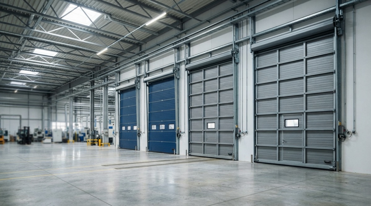 Innenansicht einer Industriehalle mit mehreren Sektionaltoren in Blau und Grau