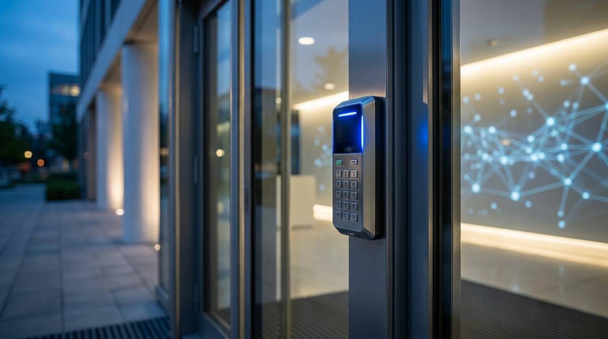 Elektronisches Zutrittsterminal mit Tastatur an einem gläsernen Gebäudeeingang in der Dämmerung